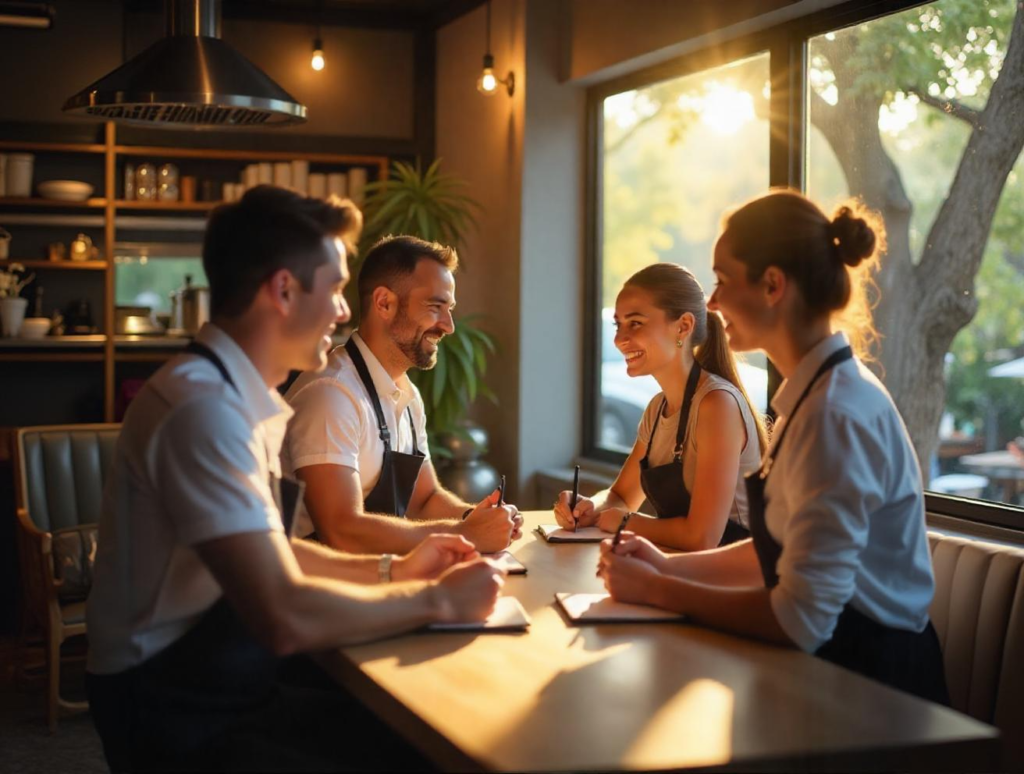 Equipo de restaurante recibiendo briefing con sonrisas y anotaciones en cuaderno.